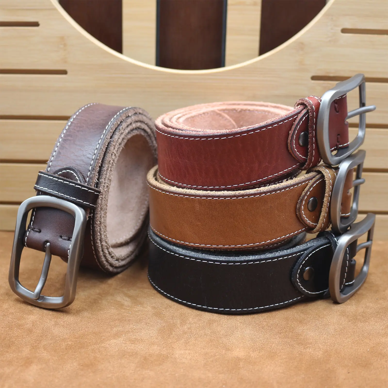 Men's Brown Leather Belt with Silver Buckle — feature 3