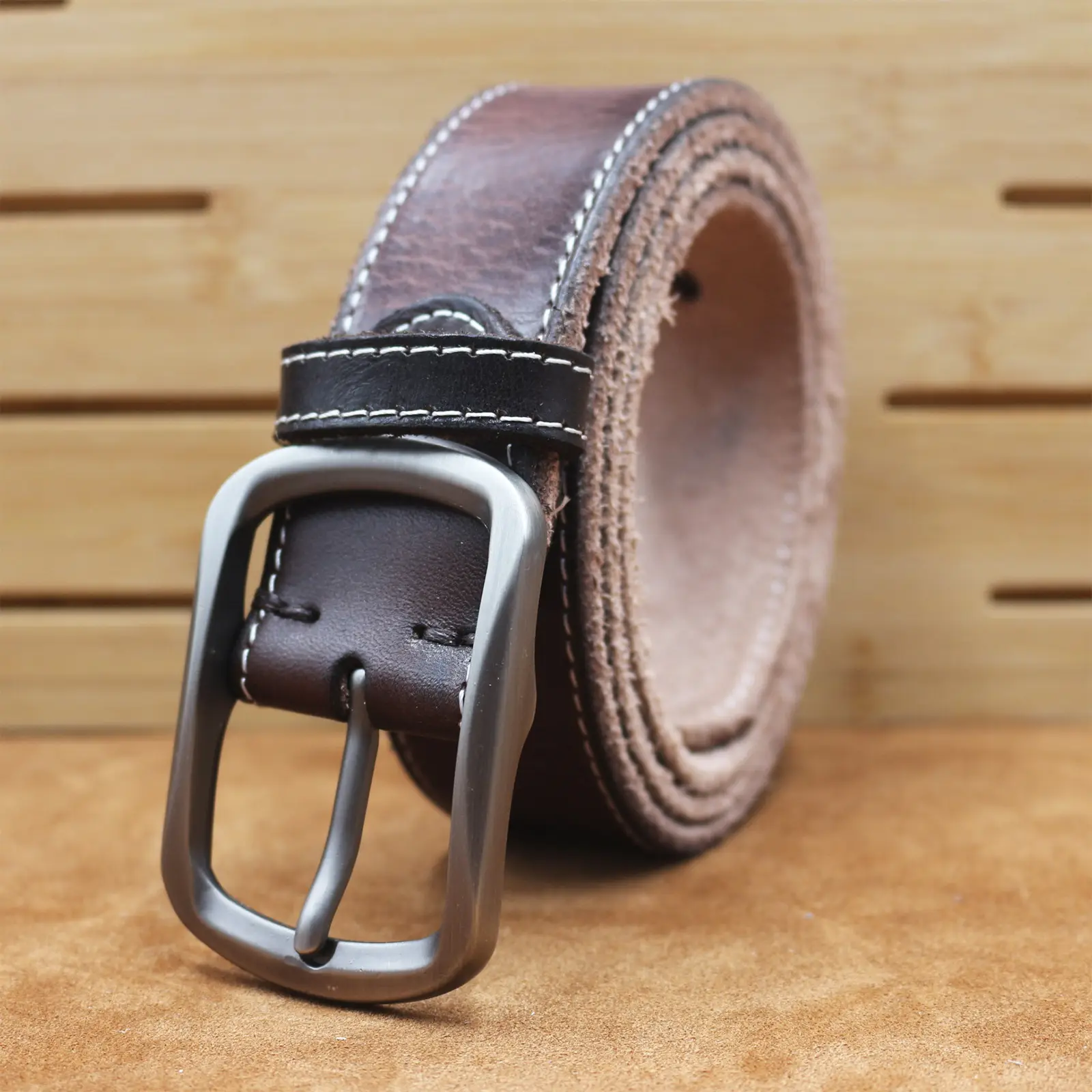 Men's Brown Leather Belt with Silver Buckle — feature 4