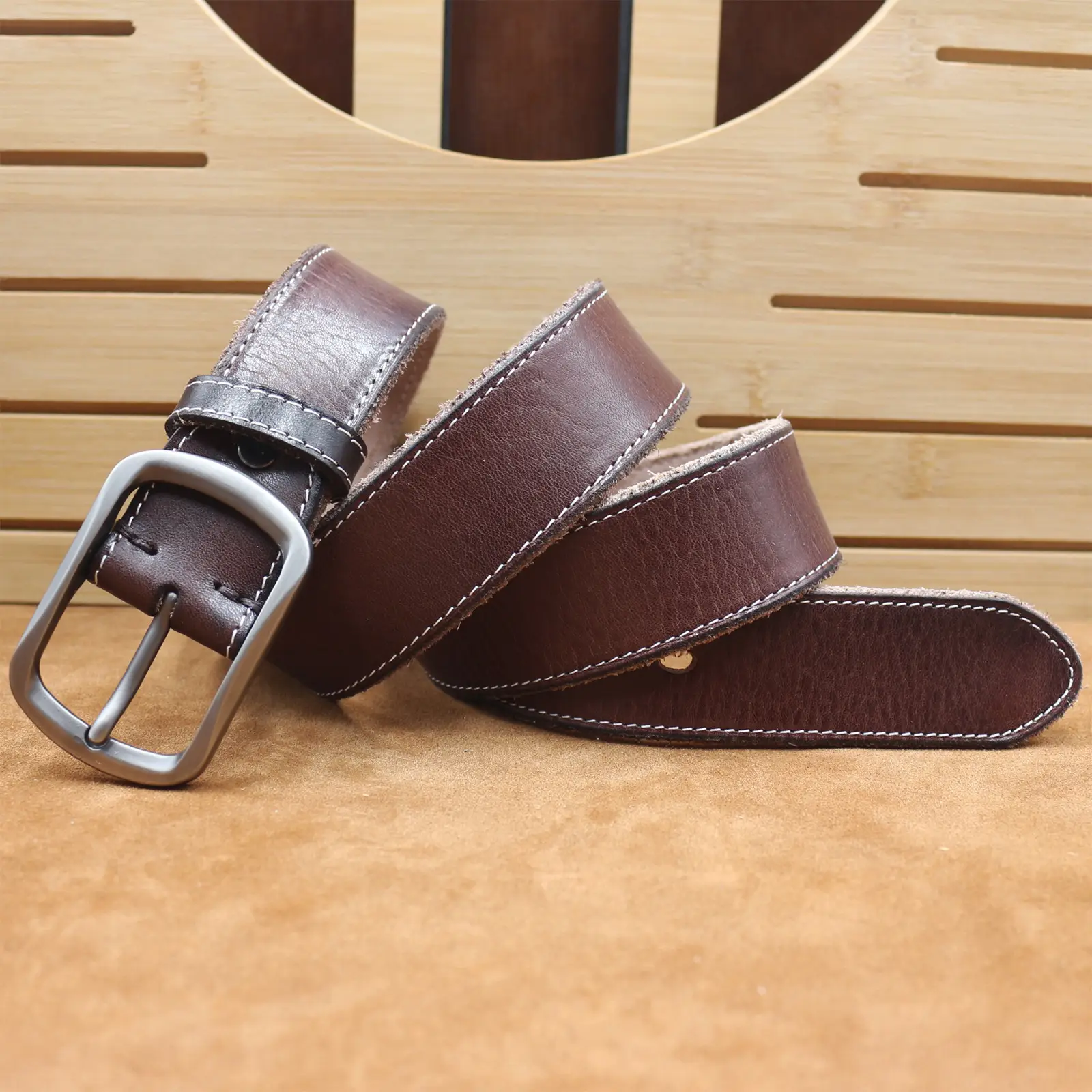 Men's Brown Leather Belt with Silver Buckle — feature 5