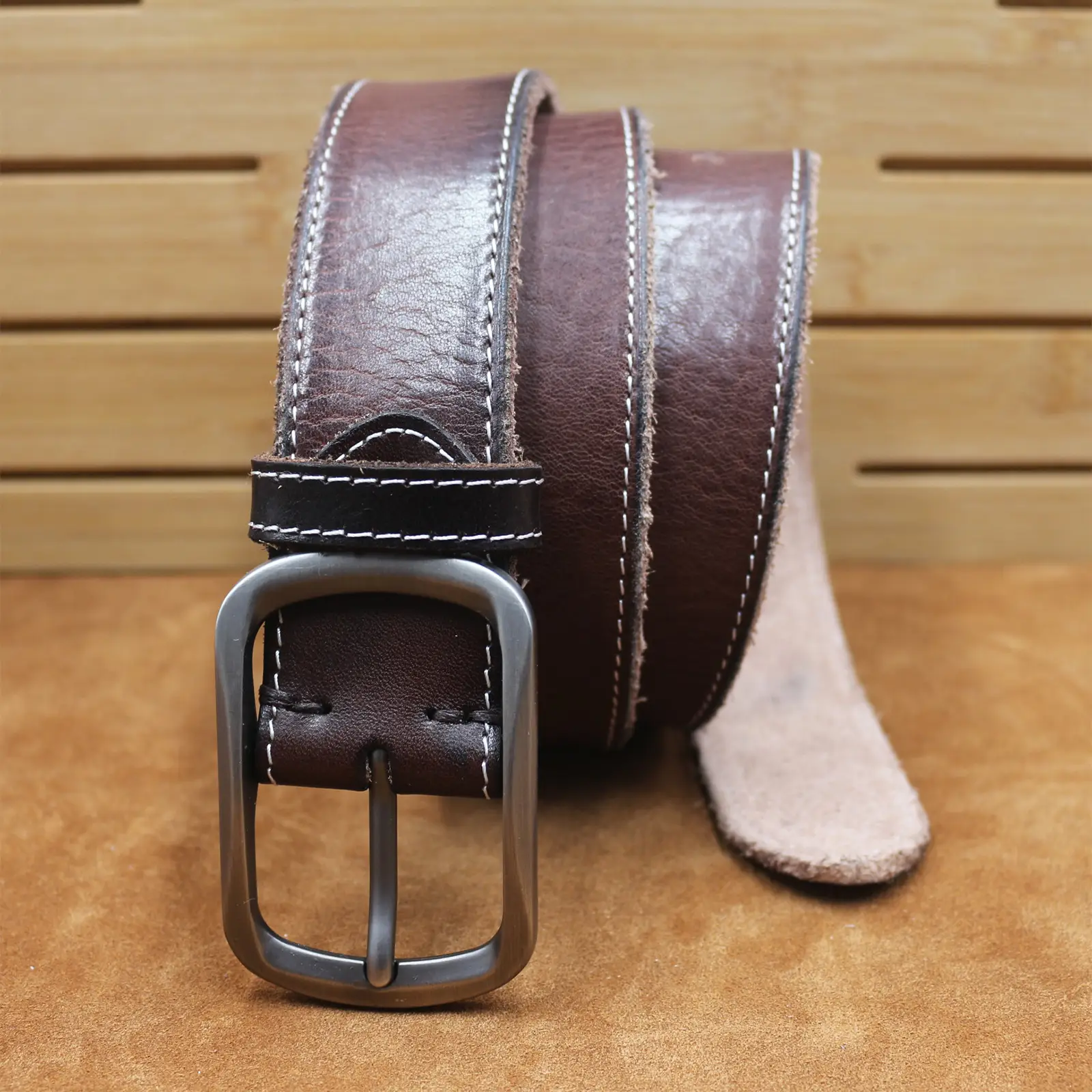 Men's Brown Leather Belt with Silver Buckle — feature 6