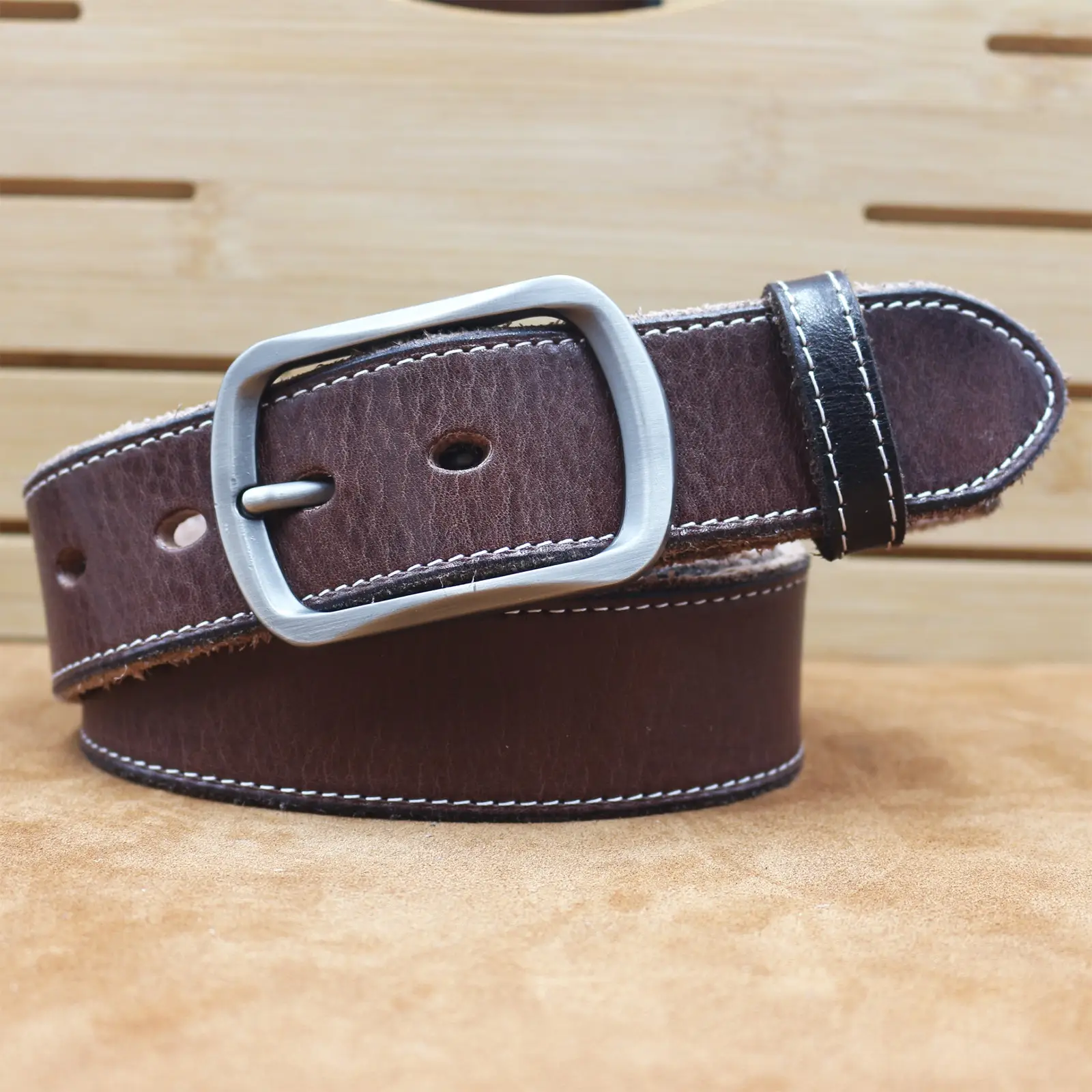 Men's Brown Leather Belt with Silver Buckle — feature 7