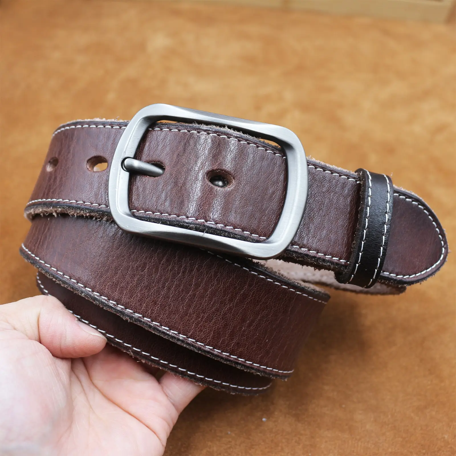Men's Brown Leather Belt with Silver Buckle — feature 8