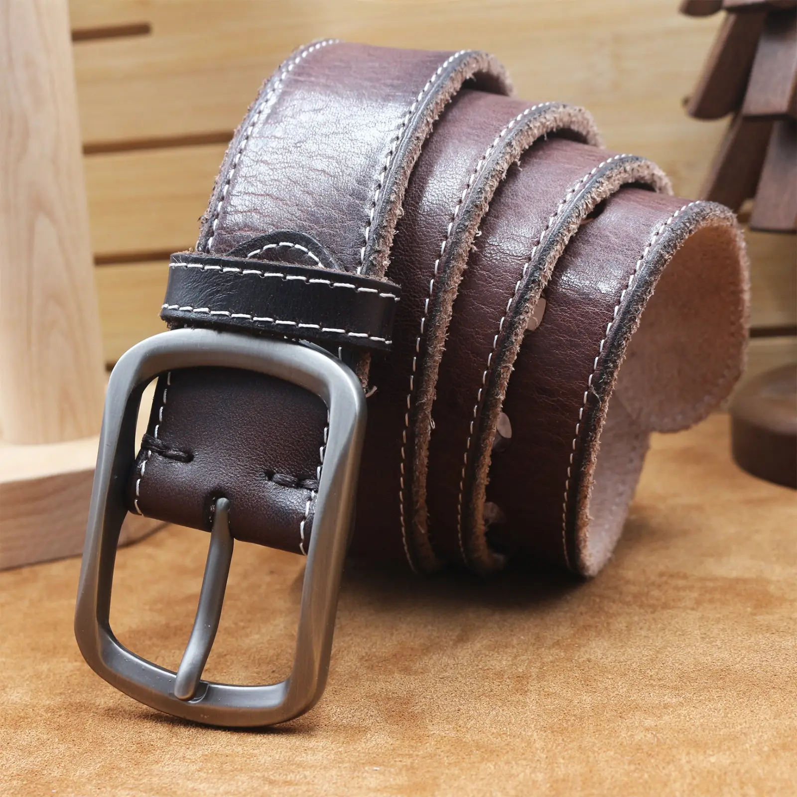Men's Brown Leather Belt with Silver Buckle - Image 2