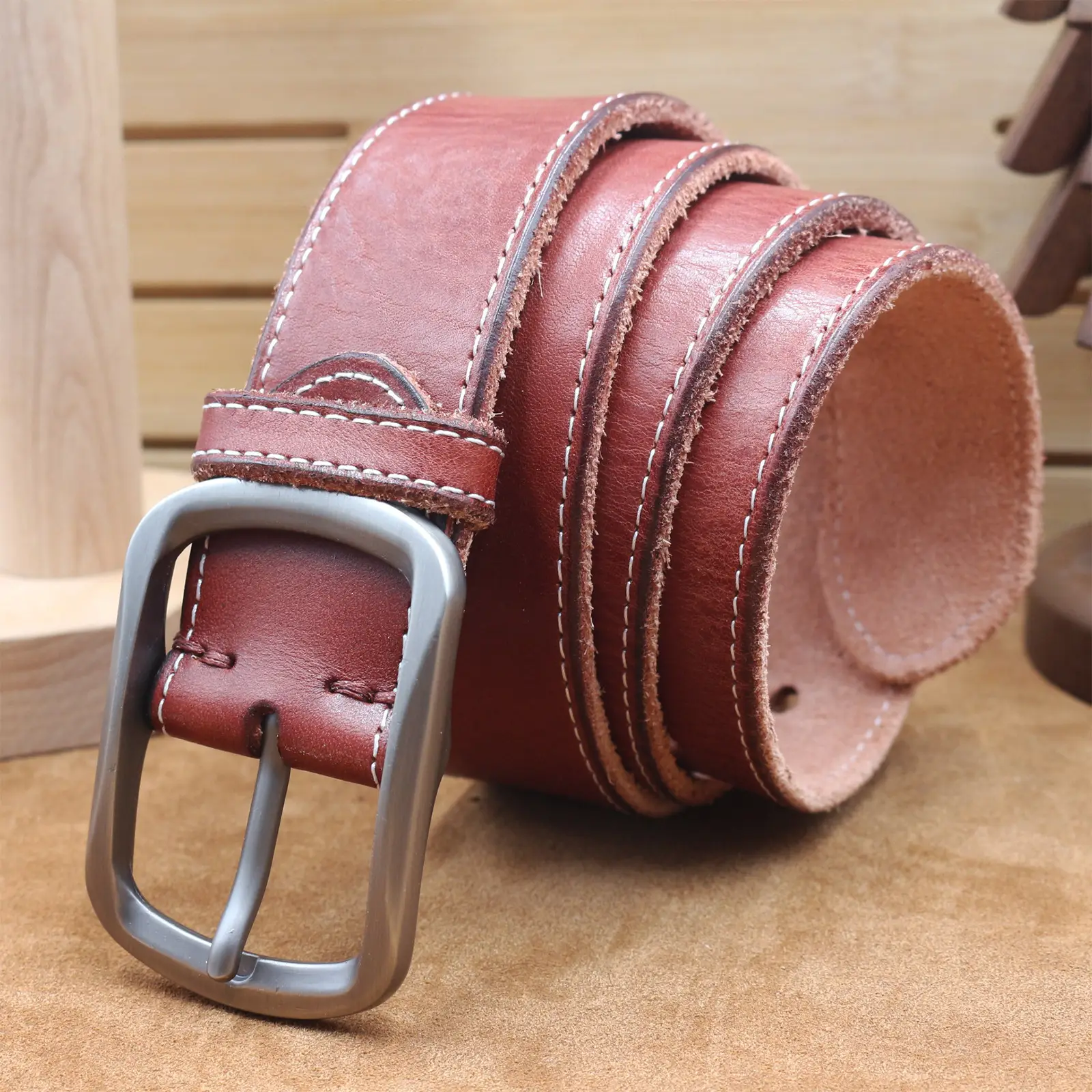 Men's Brown Leather Belt with Silver Buckle - Image 4