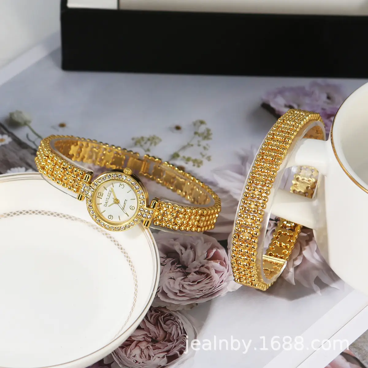 Gold Diamond Bracelet Watch Set for Women - Image 4