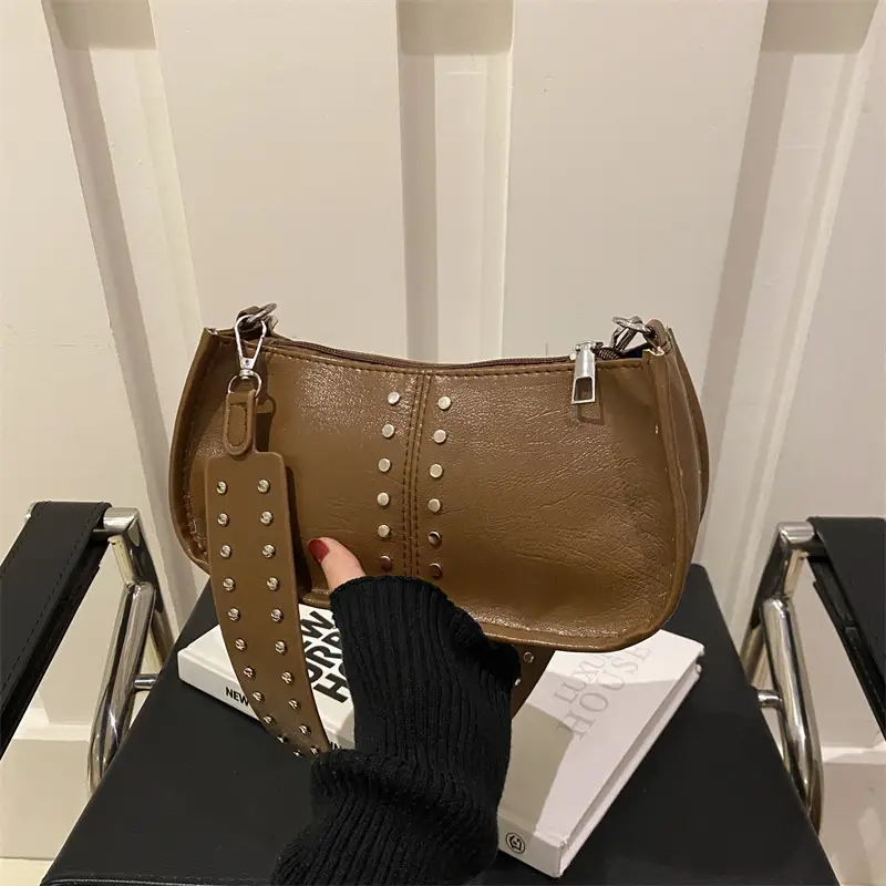 Women's Rivet Shoulder Bag Maroon 2024 Casual - Image 8