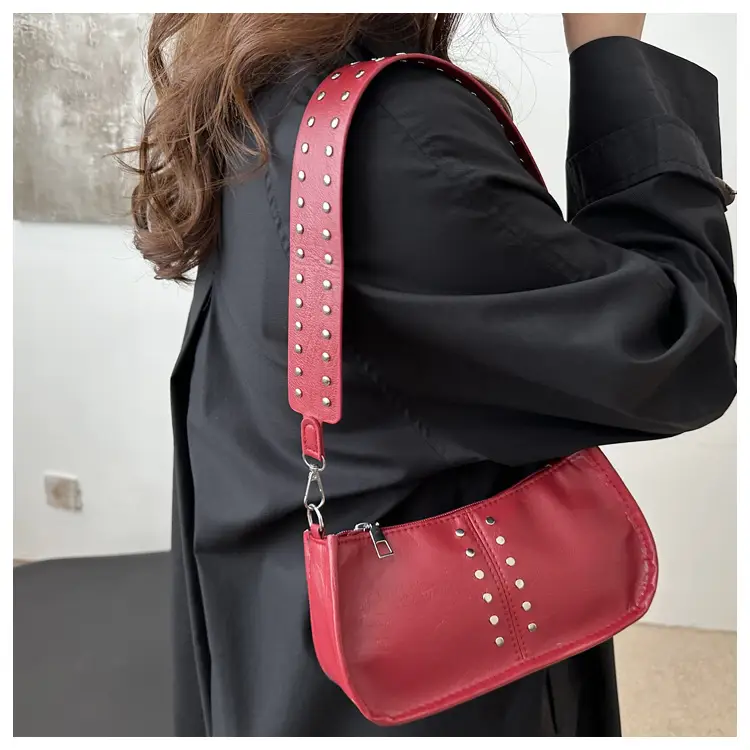 Women's Rivet Shoulder Bag Maroon 2024 Casual — feature 11
