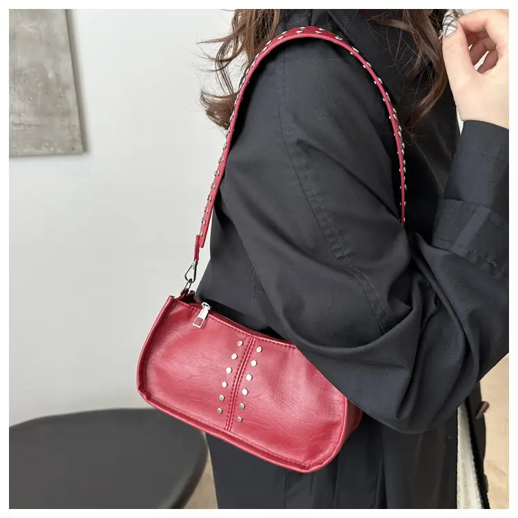 Women's Rivet Shoulder Bag Maroon 2024 Casual — feature 12