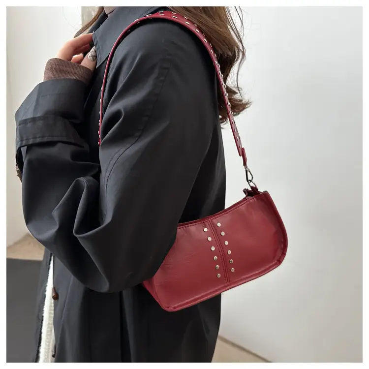 Women's Rivet Shoulder Bag Maroon 2024 Casual — feature 13