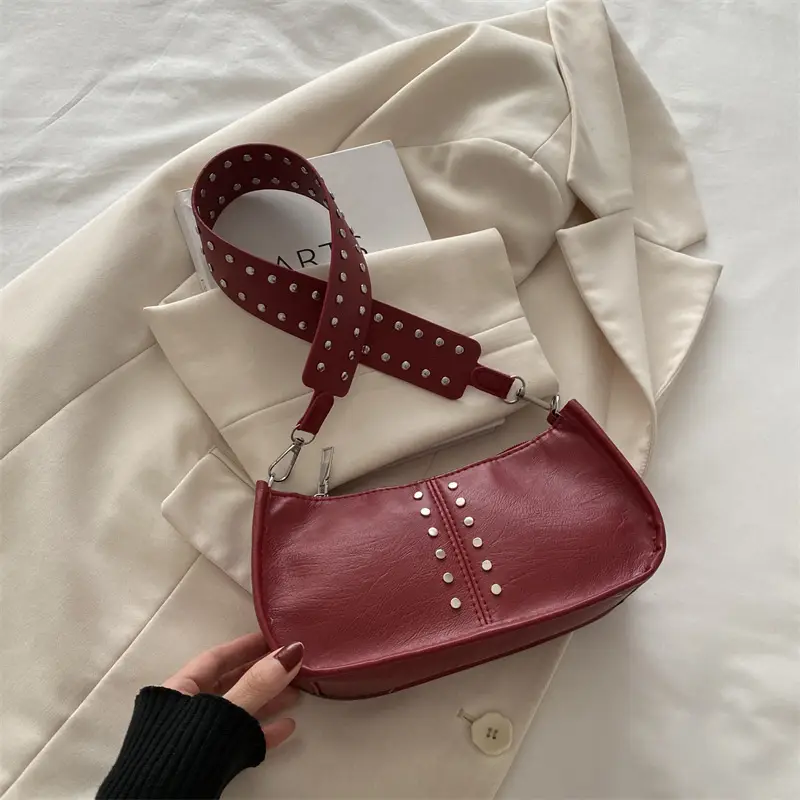 Women's Rivet Shoulder Bag Maroon 2024 Casual - Image 3