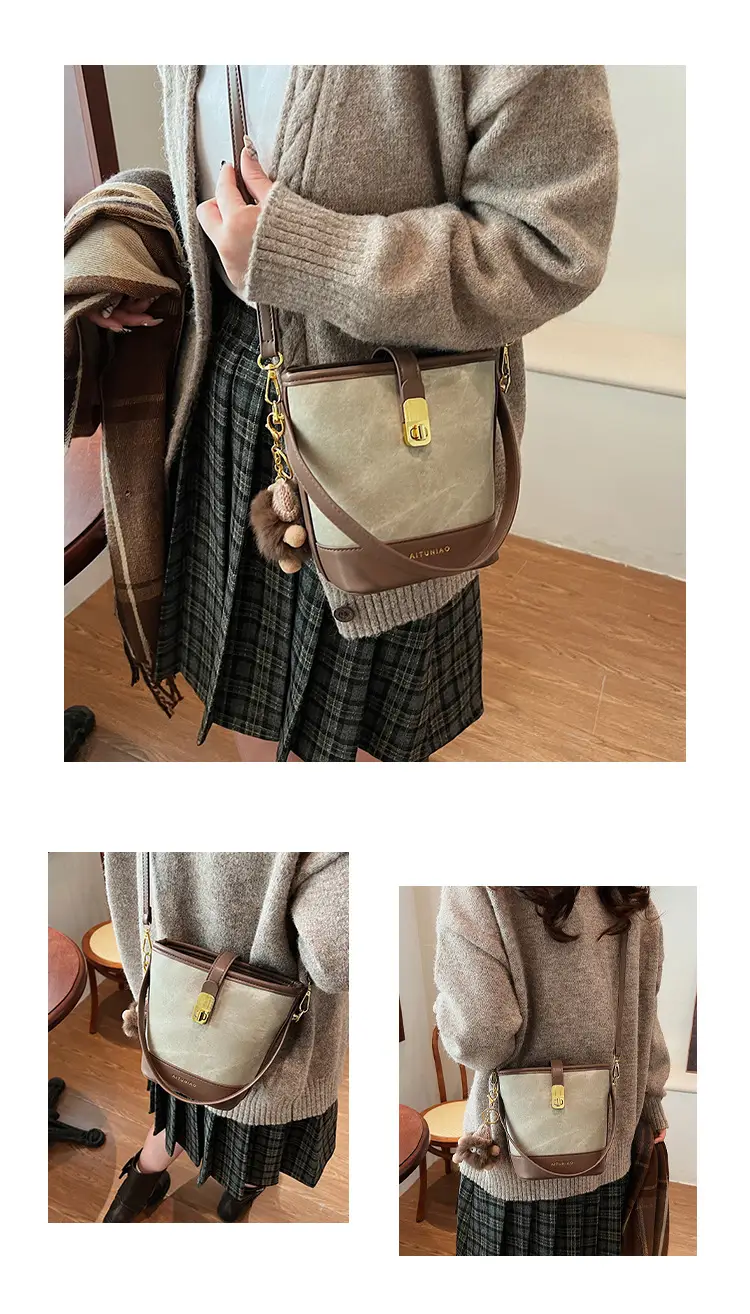 Women's High-end Canvas Shoulder Bag with Gold Clasp — feature 11