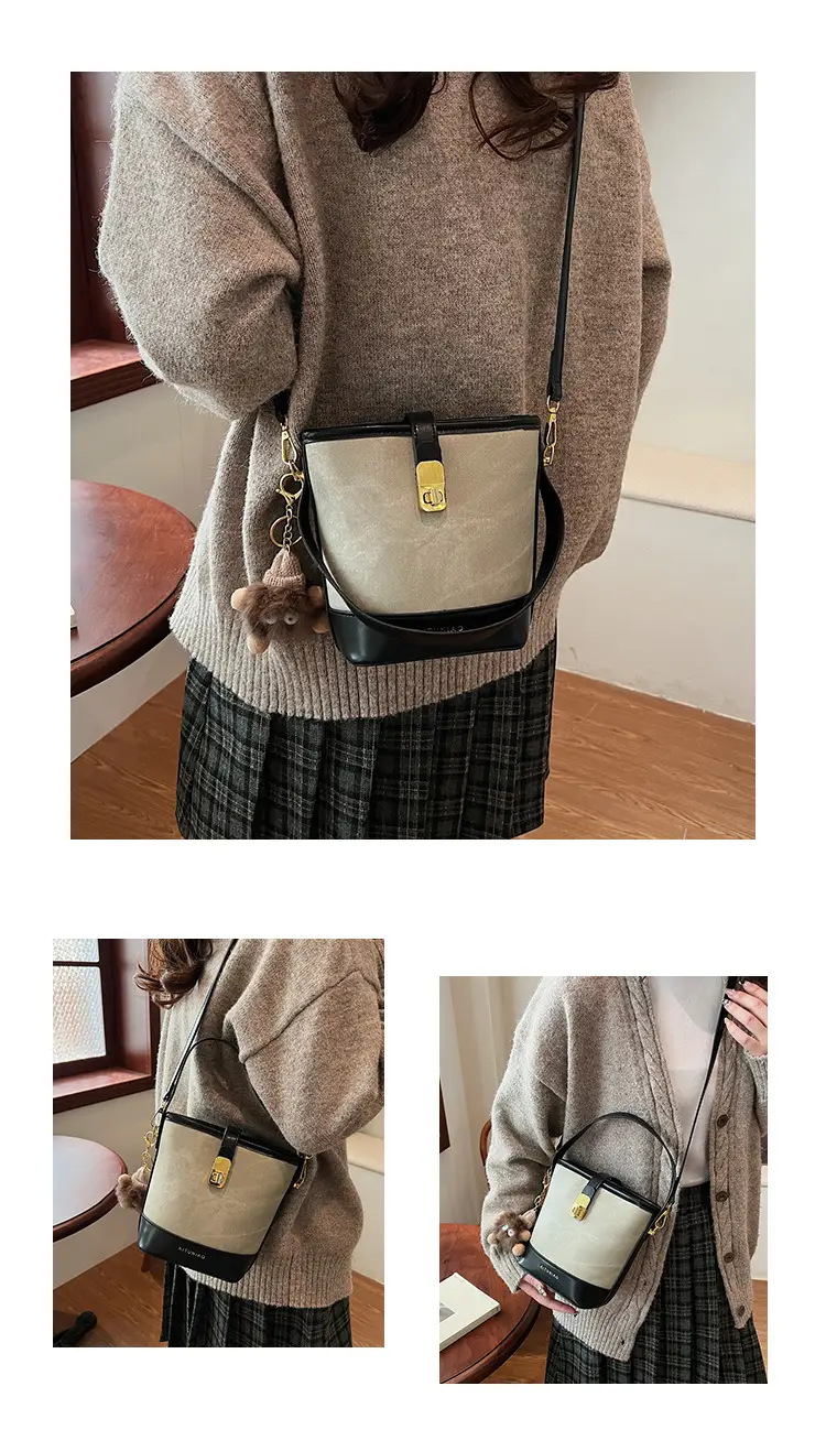Women's High-end Canvas Shoulder Bag with Gold Clasp — feature 12