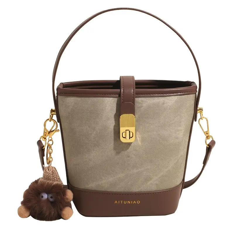 Women's High-end Canvas Shoulder Bag with Gold Clasp