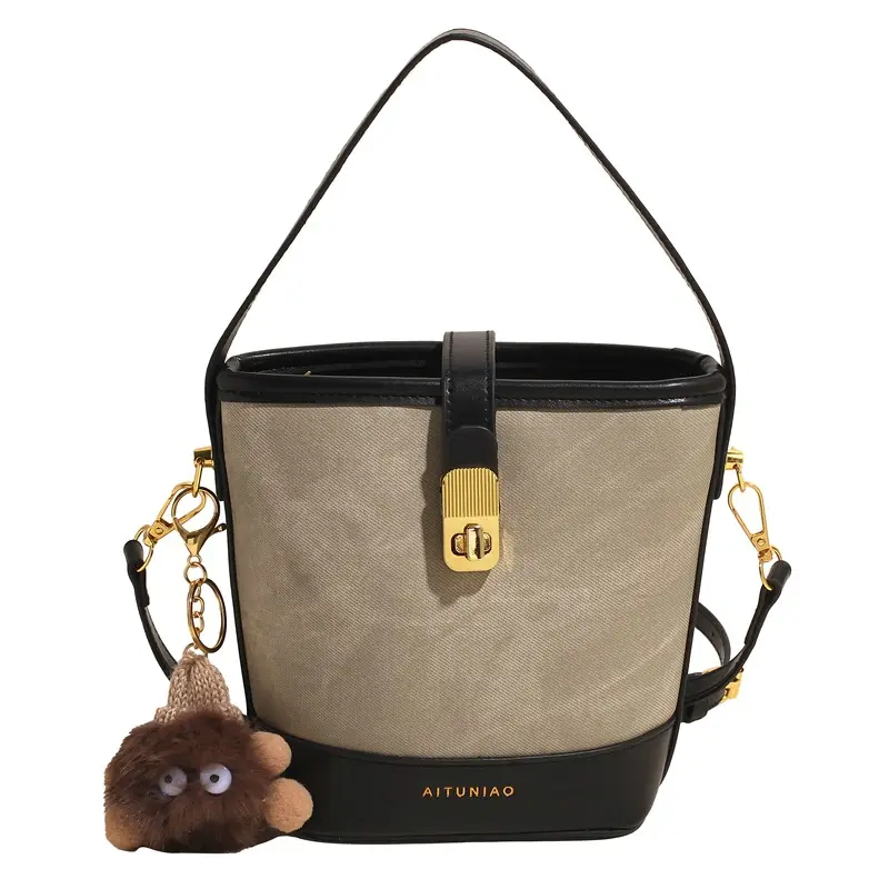 Women's High-end Canvas Shoulder Bag with Gold Clasp