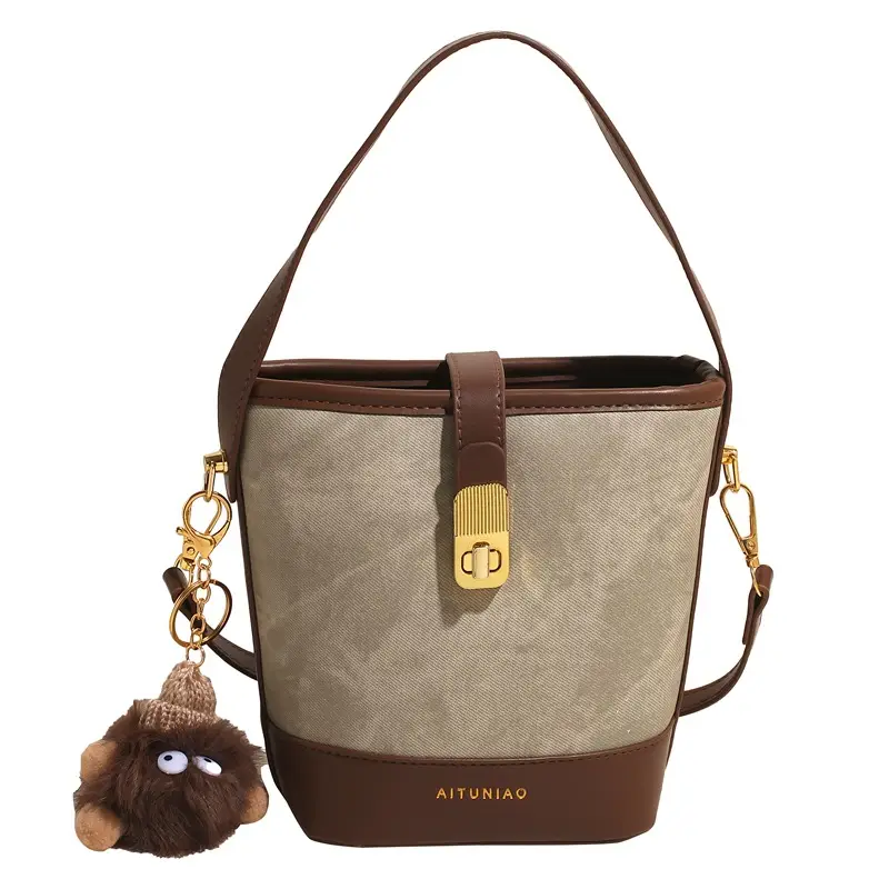 Women's High-end Canvas Shoulder Bag with Gold Clasp