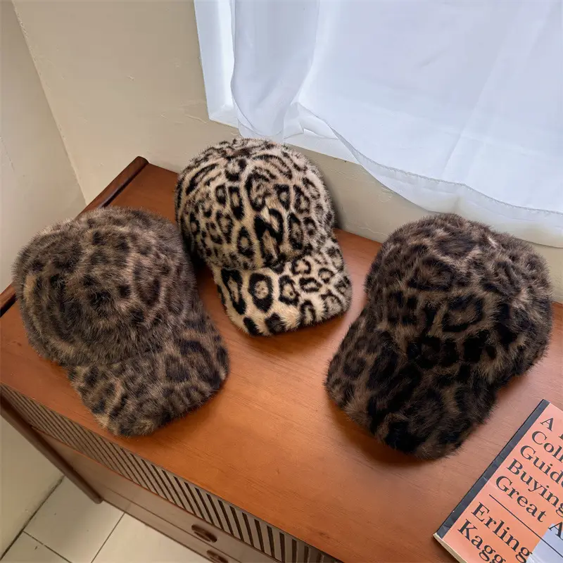 Women Leopard Print Winter Warm Cap Wide Brim