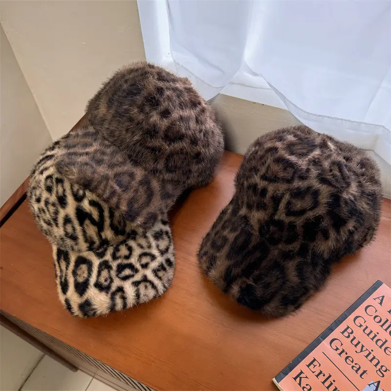 Women Leopard Print Winter Warm Cap Wide Brim
