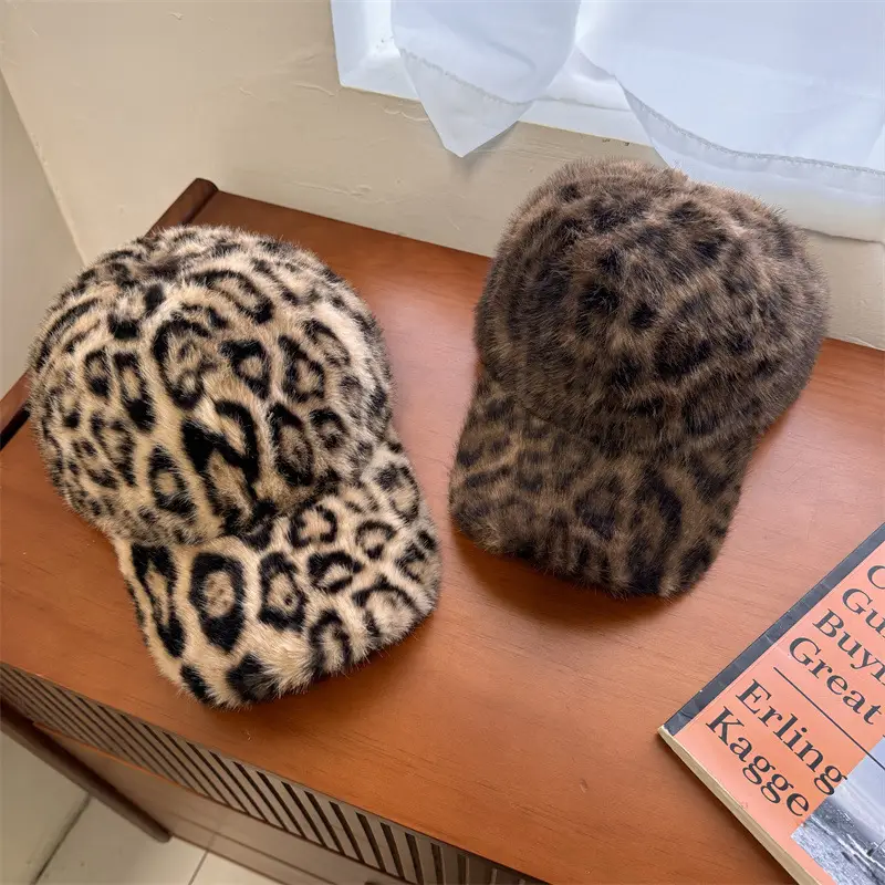 Women Leopard Print Winter Warm Cap Wide Brim