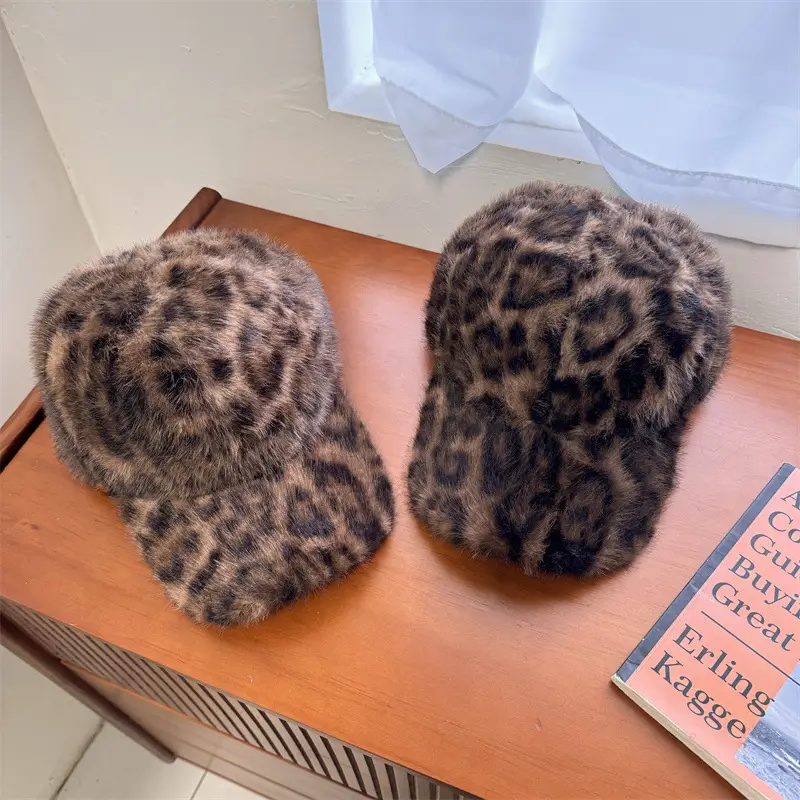 Women Leopard Print Winter Warm Cap Wide Brim