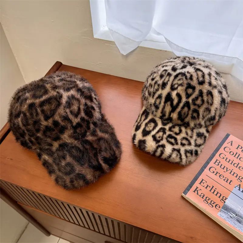 Women Leopard Print Winter Warm Cap Wide Brim