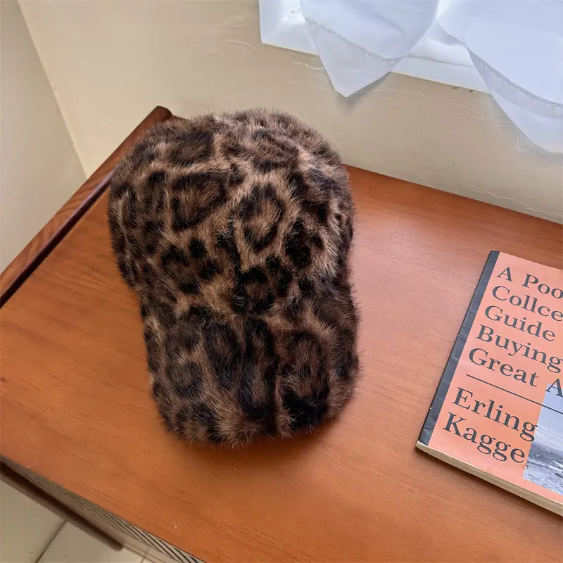 Women Leopard Print Winter Warm Cap Wide Brim