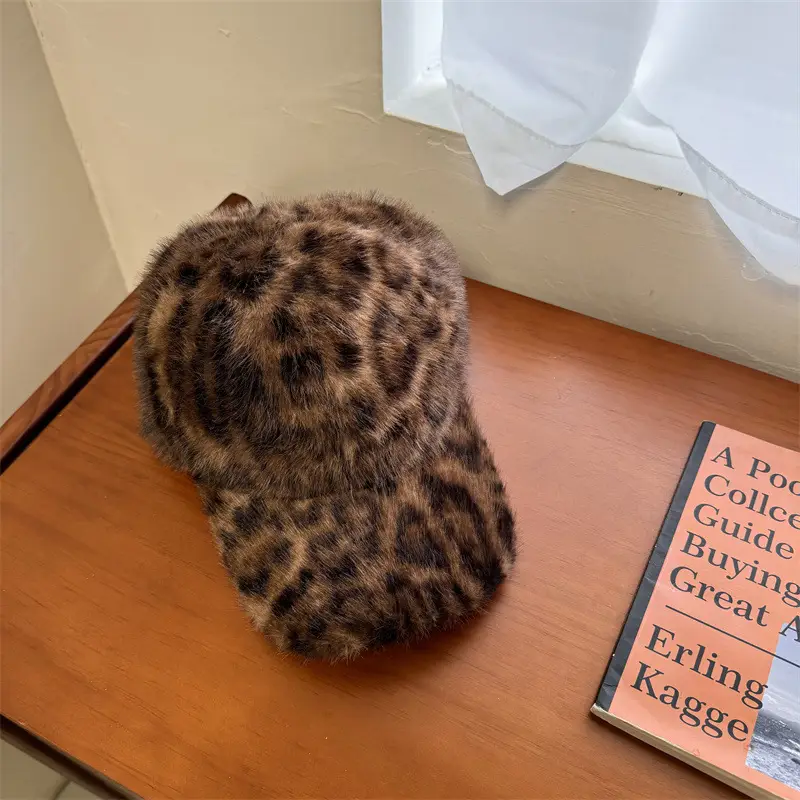 Women Leopard Print Winter Warm Cap Wide Brim