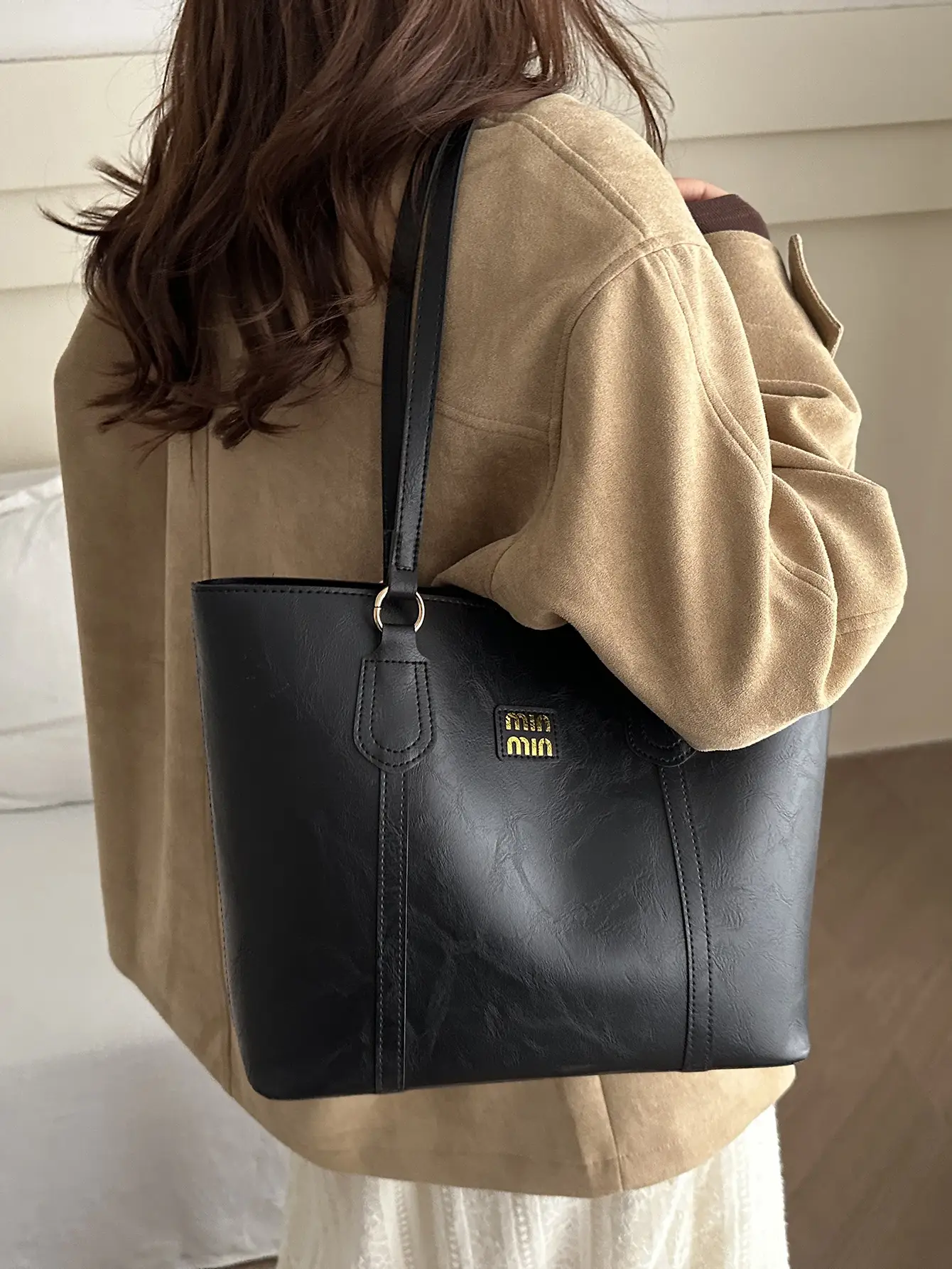 Women's Black Waxed Leather Tote Bag 2024 New - Image 4