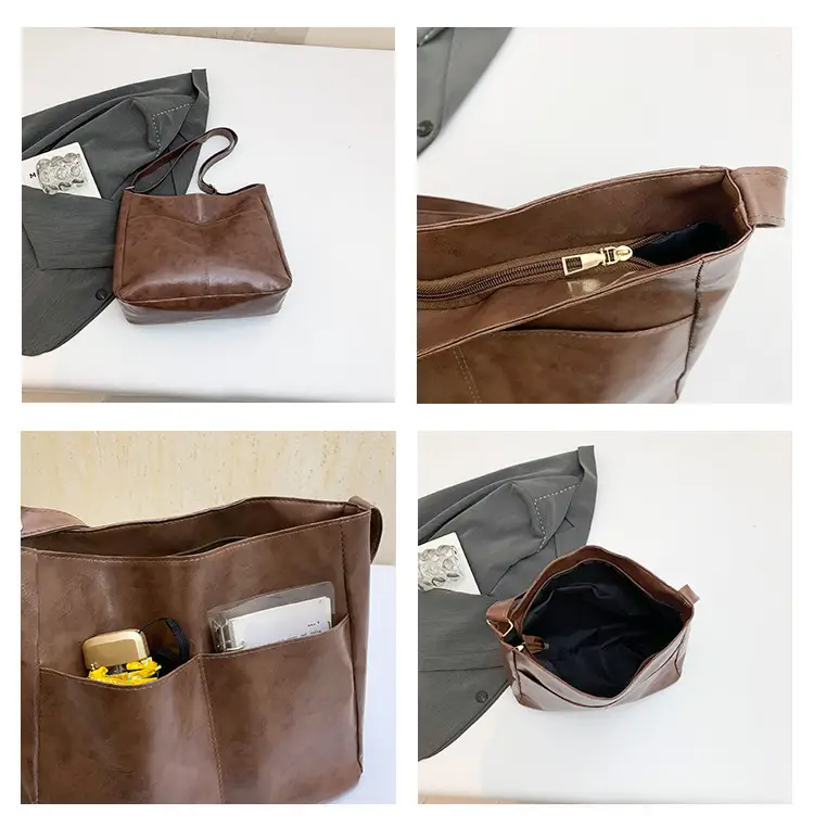 2024 Trendy Brown Leather Shoulder Tote Bag for College Students — feature 10