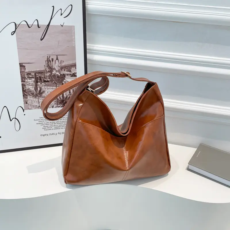 2024 Trendy Brown Leather Shoulder Tote Bag for College Students - Image 2