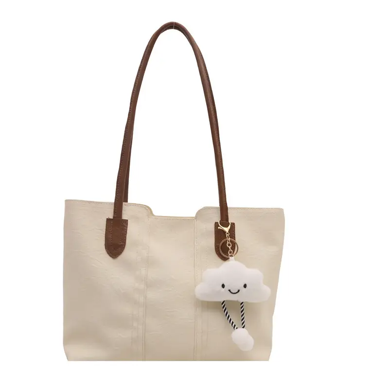 Retro Brown Women's Large Shoulder Bag with Cloud Keychain - Image 9