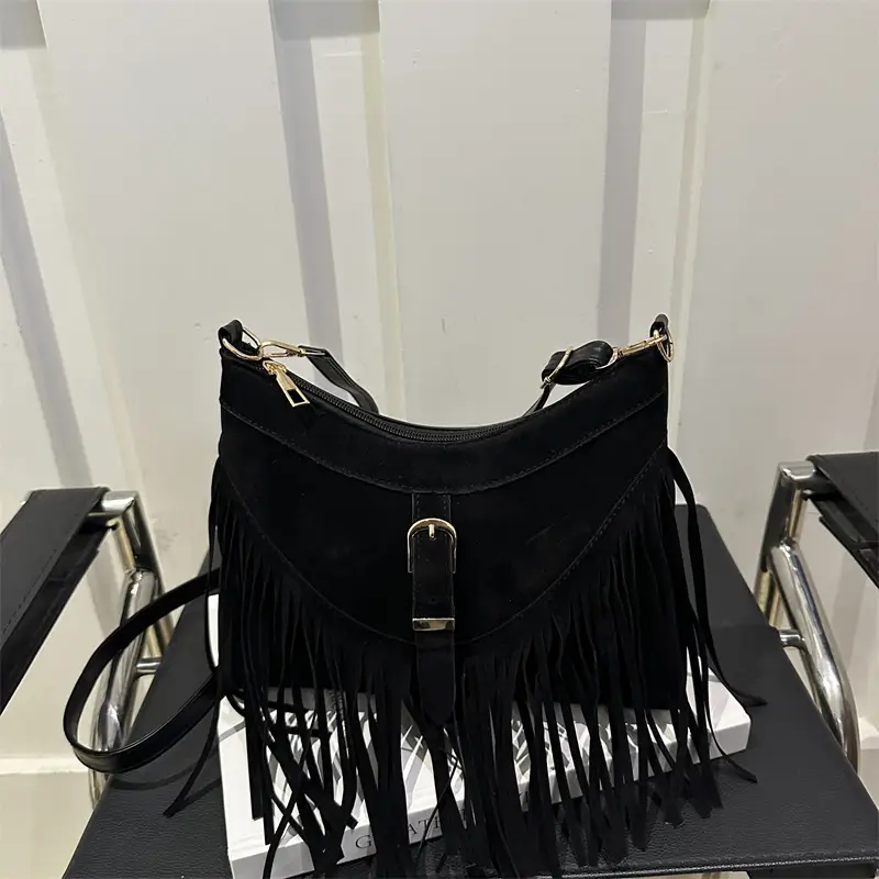 Black Fringe Tassel Shoulder Bag for Women 2024 Winter - Image 2