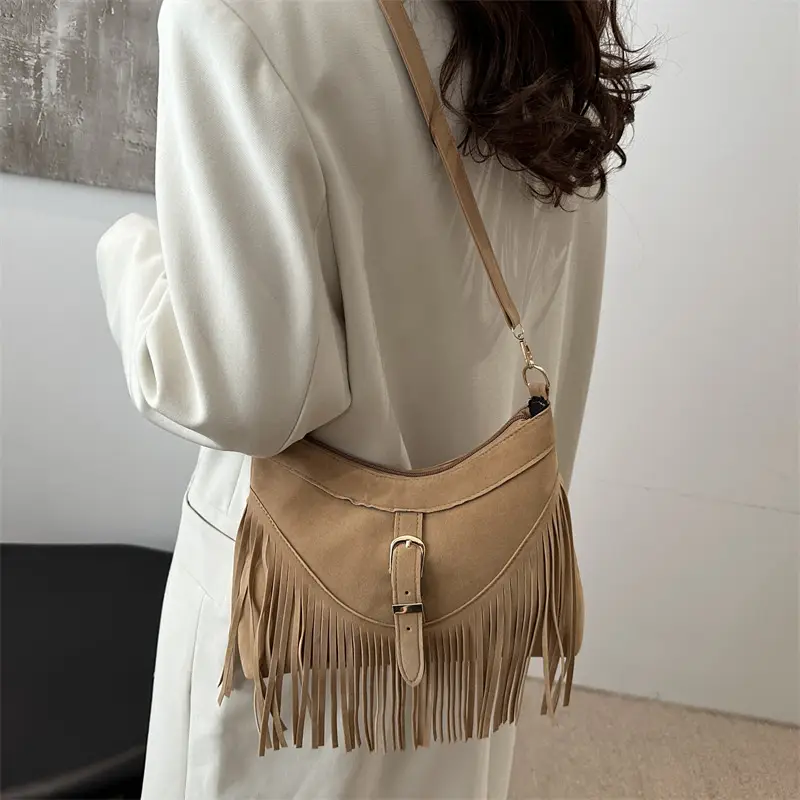 Black Fringe Tassel Shoulder Bag for Women 2024 Winter - Image 3