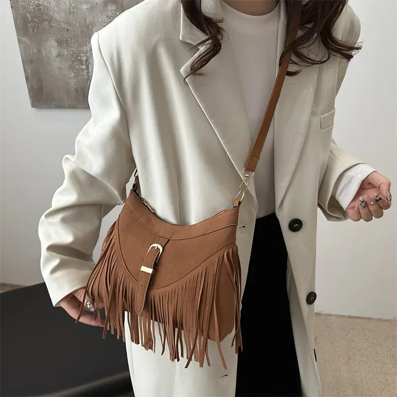 Black Fringe Tassel Shoulder Bag for Women 2024 Winter - Image 4
