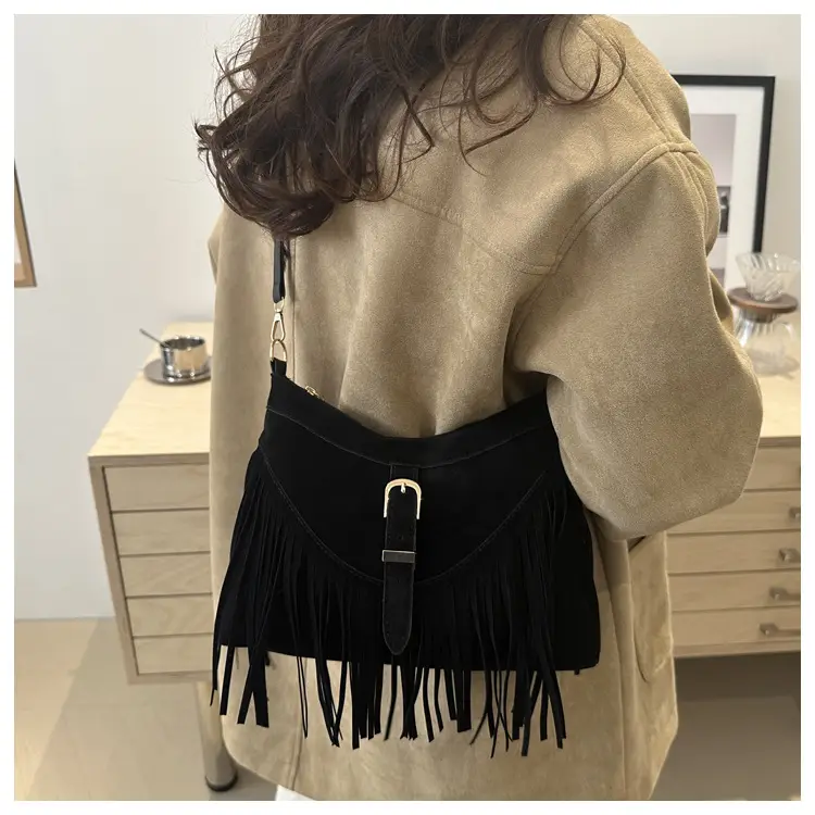Black Fringe Tassel Shoulder Bag for Women 2024 Winter β feature 24