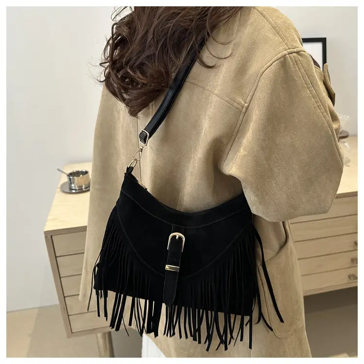 Black Fringe Tassel Shoulder Bag for Women 2024 Winter β feature 25
