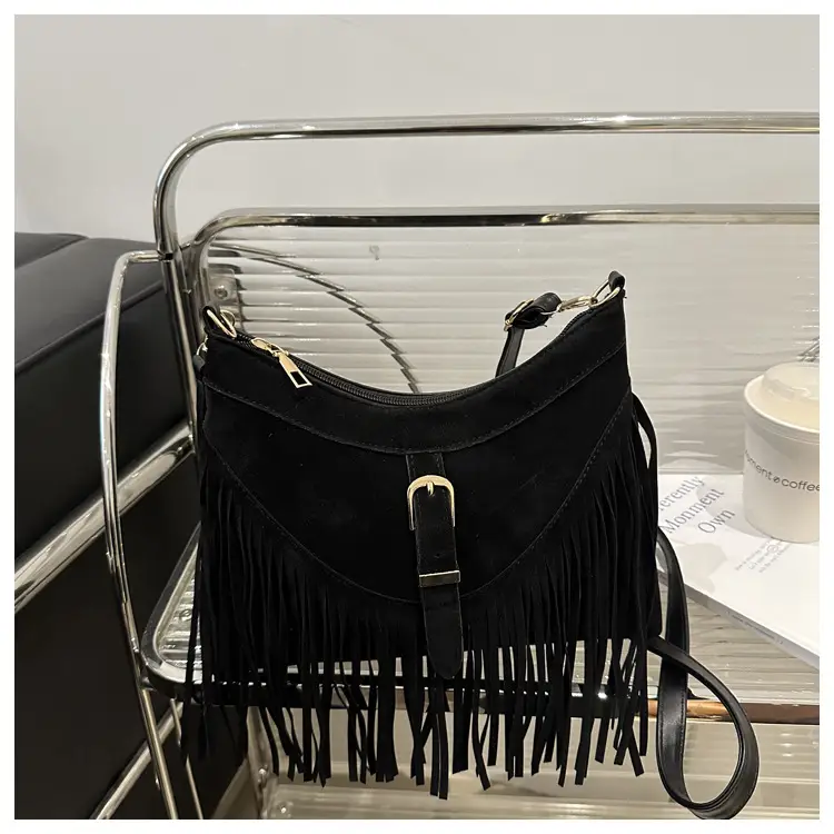 Black Fringe Tassel Shoulder Bag for Women 2024 Winter β feature 41