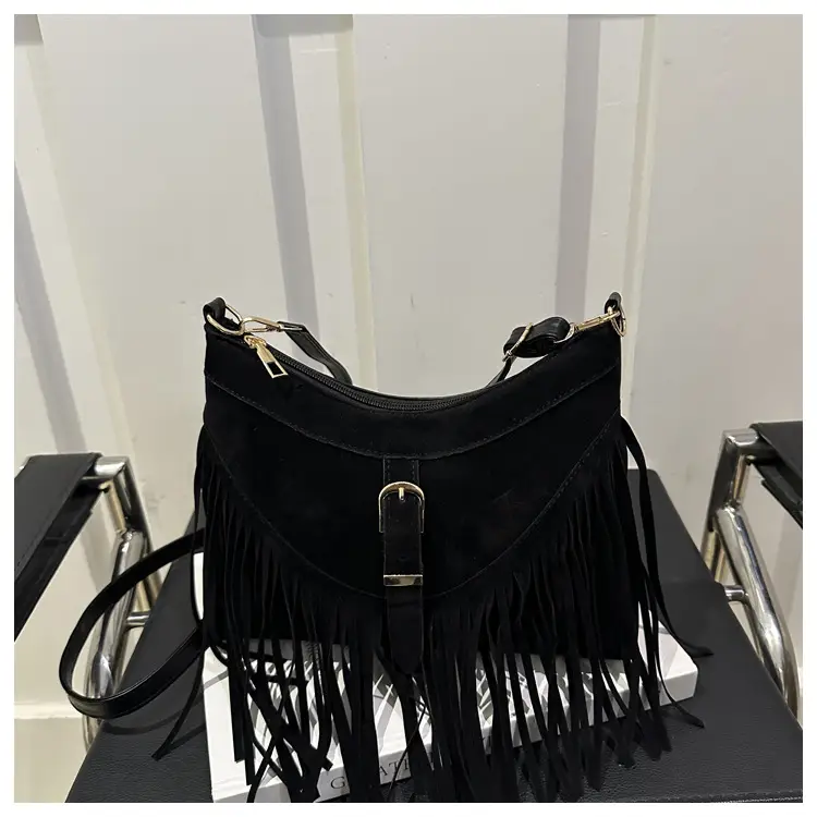 Black Fringe Tassel Shoulder Bag for Women 2024 Winter β feature 46