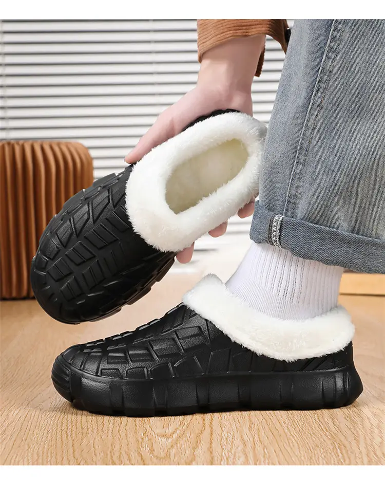 Cotton Slippers Men's Winter Waterproof Non-slip Snow Mecha Cotton Shoes fleece-lined Thickened Warm Lazy Shoes Kitchen Work Shoes — feature 11