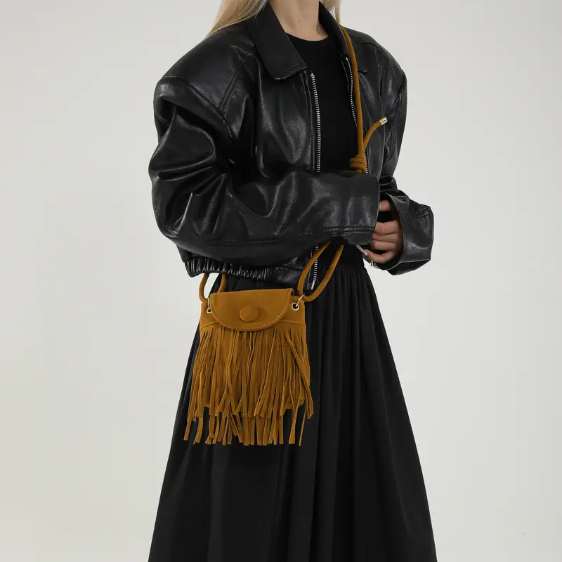 Tassel Crossbody Bag Women Black Leather 2024