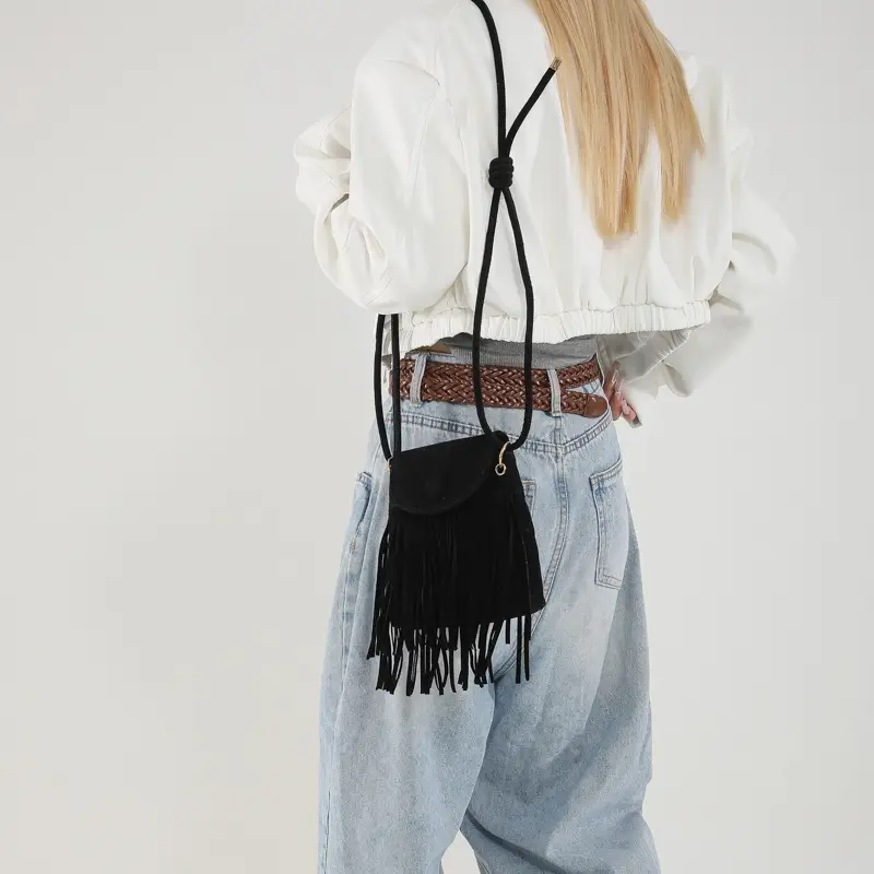 Tassel Crossbody Bag Women Black Leather 2024