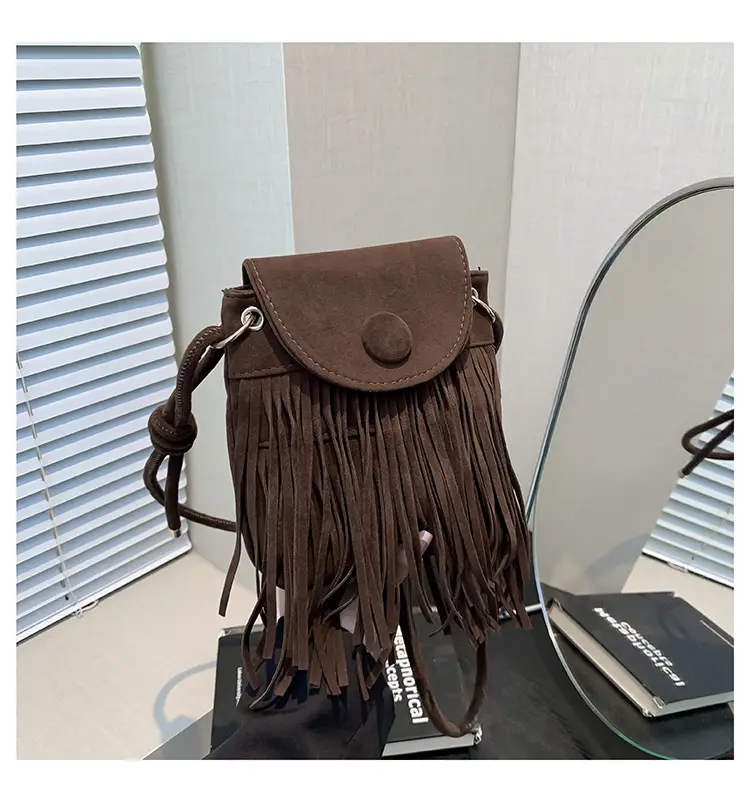 Tassel Crossbody Bag Women Black Leather 2024
