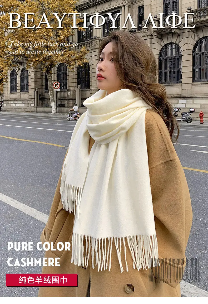 Autumn and winter thick warm ladies scarf solid color tassel cashmere gift printing embroidery shawl scarf wholesale — feature 1