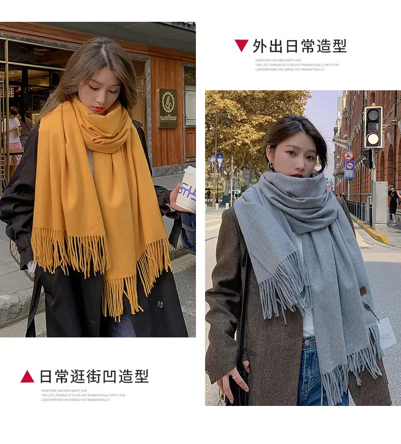 Autumn and winter thick warm ladies scarf solid color tassel cashmere gift printing embroidery shawl scarf wholesale — feature 4