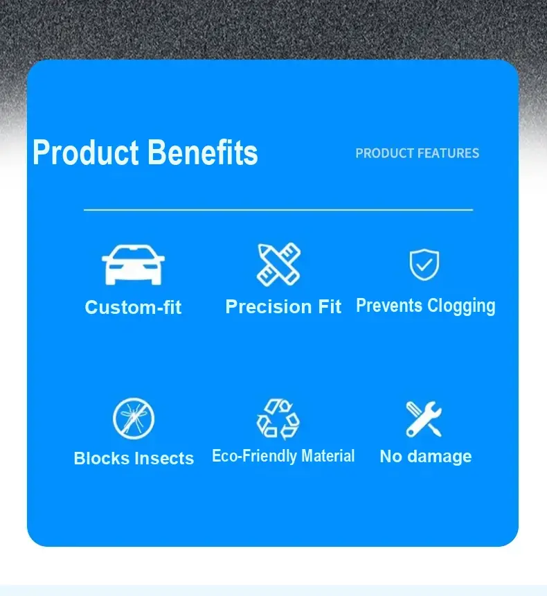 Feature graphic with icons for vehicle-specific fit, insect blocking, and installation.