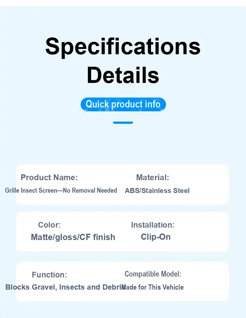 Product information panel listing ABS and stainless steel, finishes, clip fixing, and vehicle-specific fit.