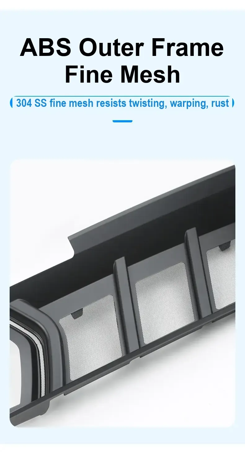 Close-up of the dark grille frame and fine mesh.