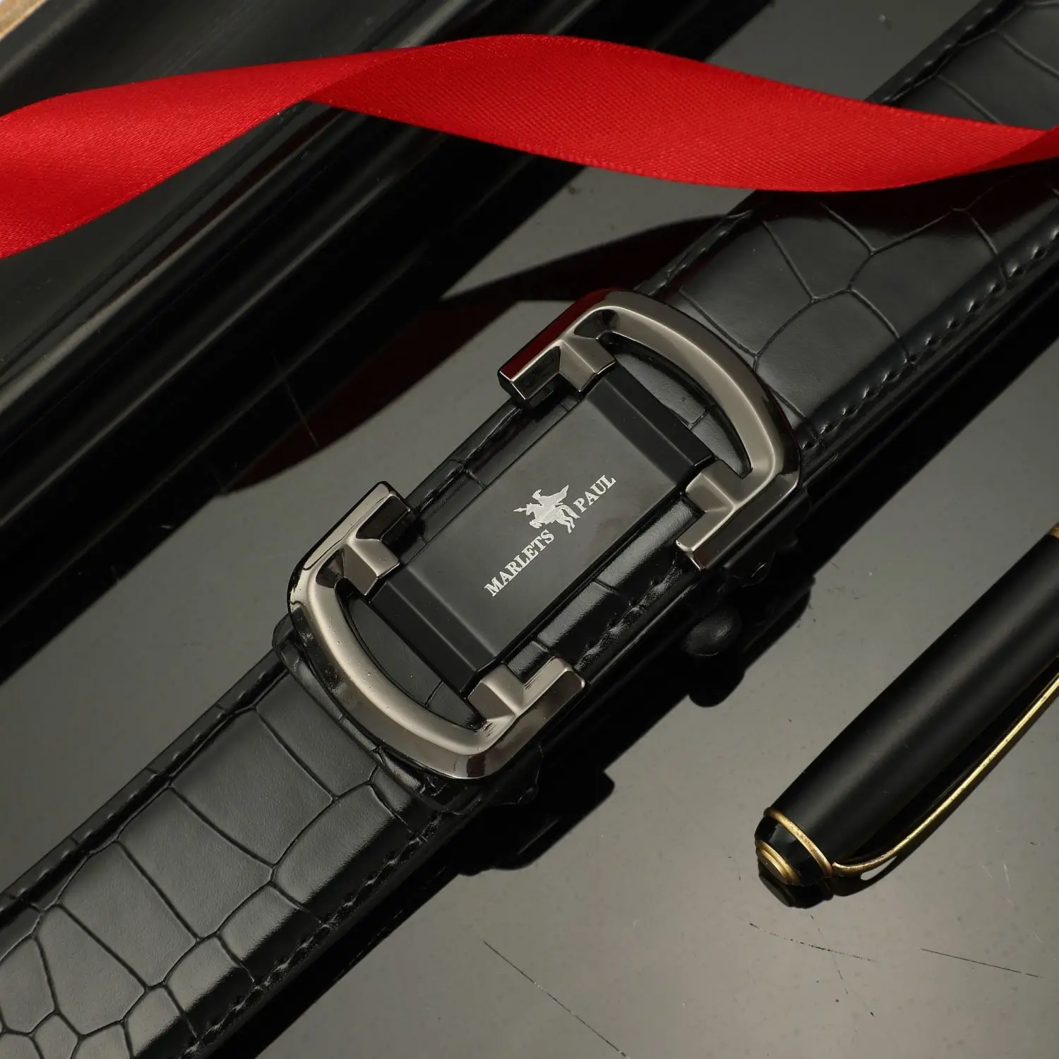Men's Black Leather Belt with Gold Buckle - Image 10