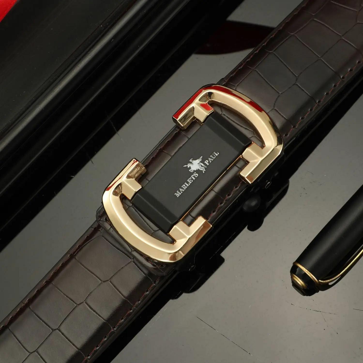 Men's Black Leather Belt with Gold Buckle - Image 9