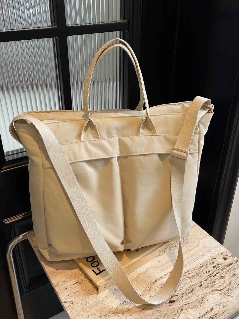 Women's Large Capacity Nylon Shoulder Crossbody Bag Beige - Image 8