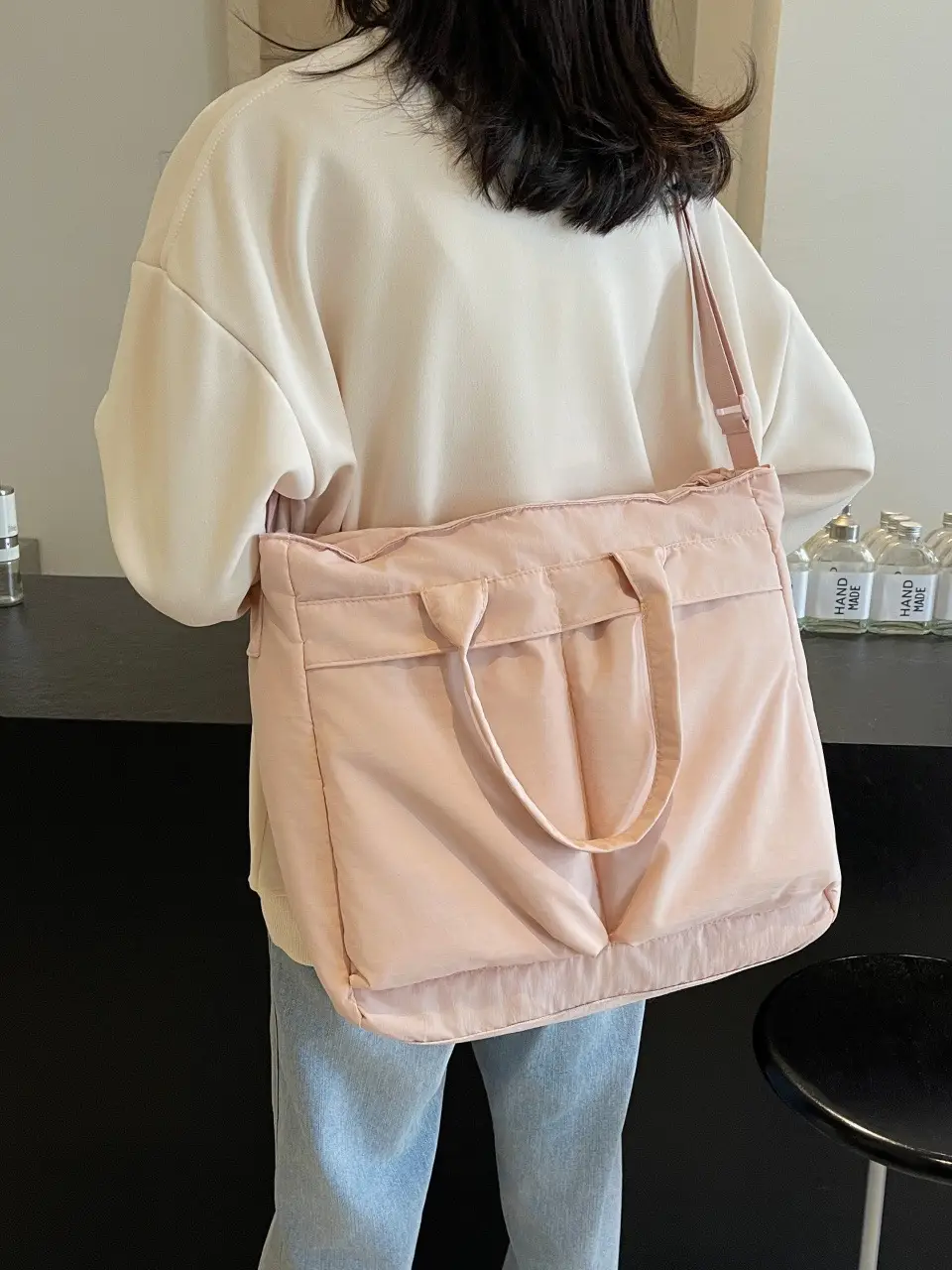 Women's Large Capacity Nylon Shoulder Crossbody Bag Beige - Image 10